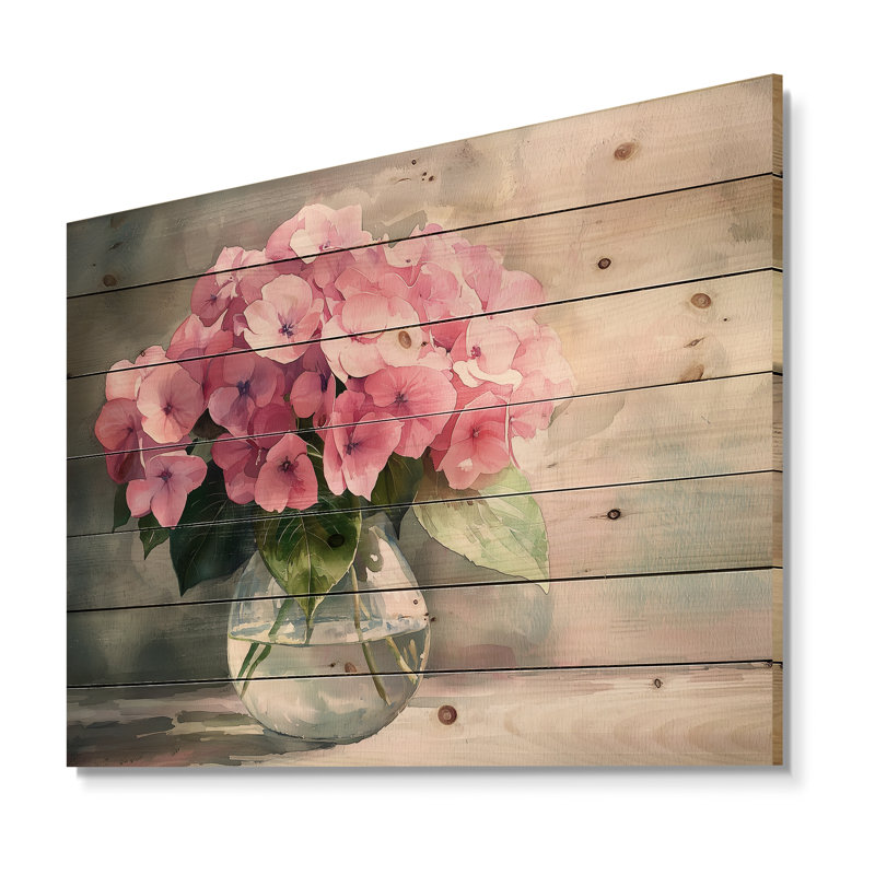 Hortensias dans un vase en verre III - Art mural en bois d'hortensias - sur bois de pin naturel, H 34 po x l 44 po