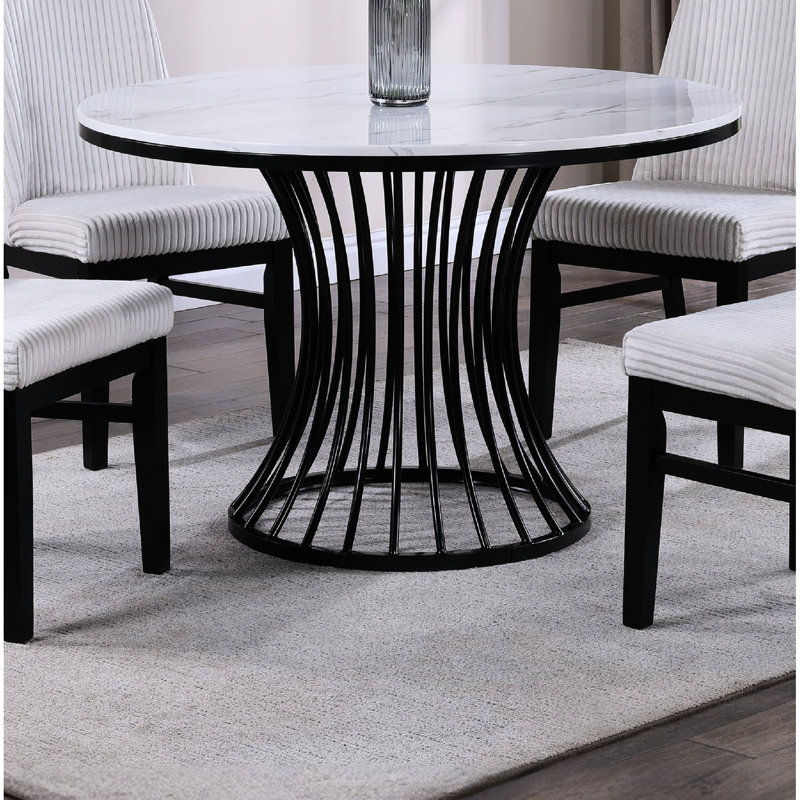 Table de salle à manger ronde ronde en faux marbre avec base en forme de cage en noir et blanc