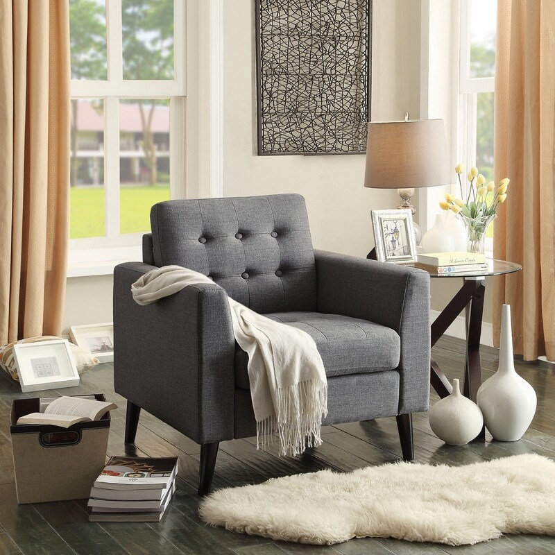 Linen Upholstered Accent Chair with Armrest and Button Tufting for Living Room and Bedroom, Standard, Gray