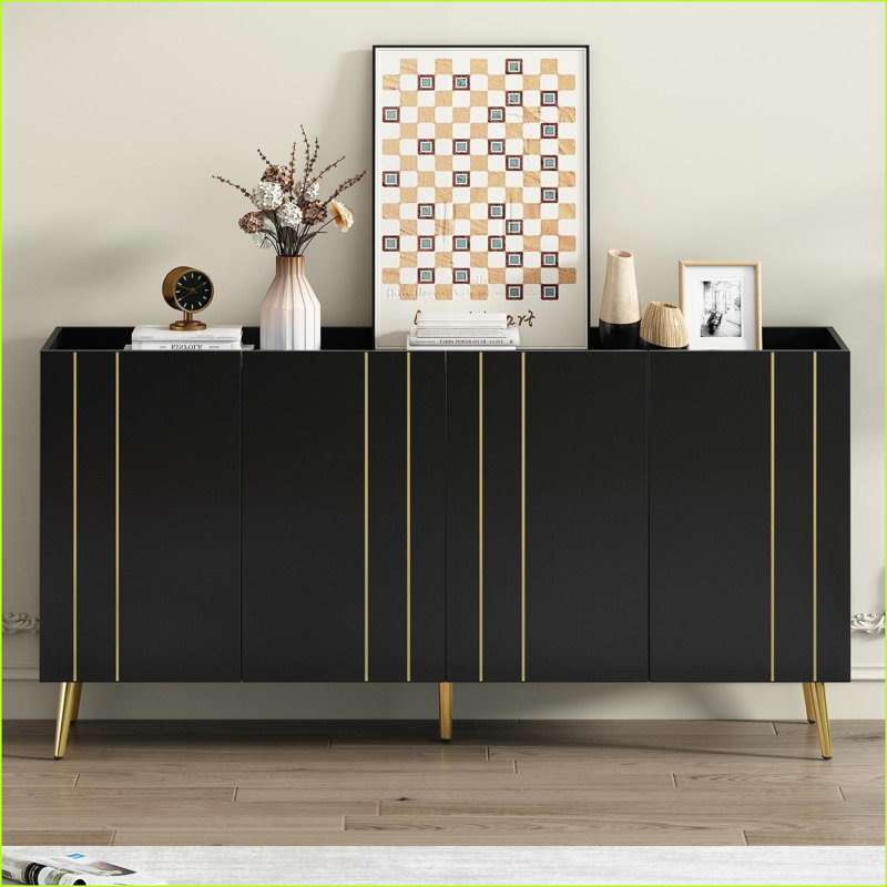 Armoires, noir minimaliste & amp; Armoire de rangement polyvalente dorée avec tablettes réglables, largeur 62,9 po | Panneau de particules et panneau de fibres à densité moyenne | Salon