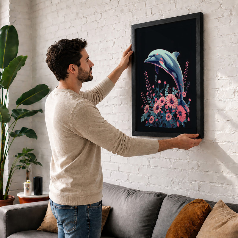 Dolphin Among Blooms Modern - Framed Print, Walnut, A3 - 42.0 x 29.7 cm