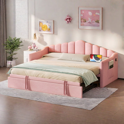 Upholstered Daybed With Pop Up Trundle, Charging Ports, 2 Side Pockets And Curved Backrest Design by Everly Quinn
