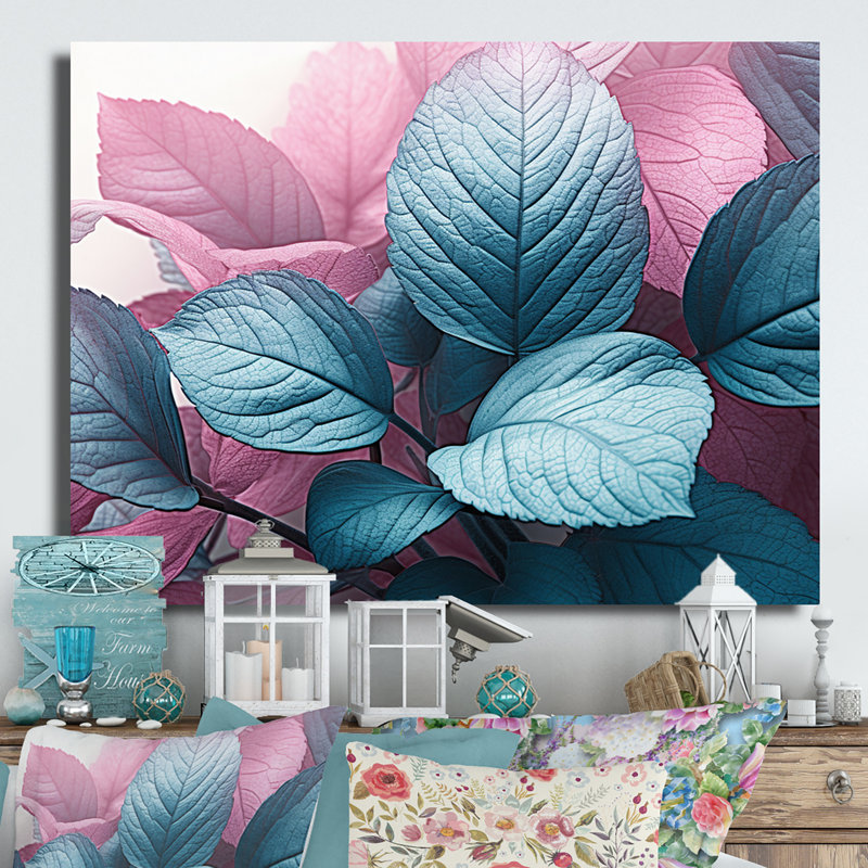Feuille de splendeur rose turquoise - décoration murale florale en métal, H 12 po x l 20 po x P 1 po