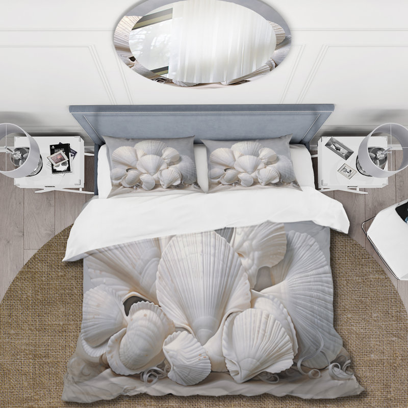 Monochromatic White Seashells - Seashell Duvet Cover Set - Microfiber Polyester, Twin Duvet Cover + 1 Standard Sham