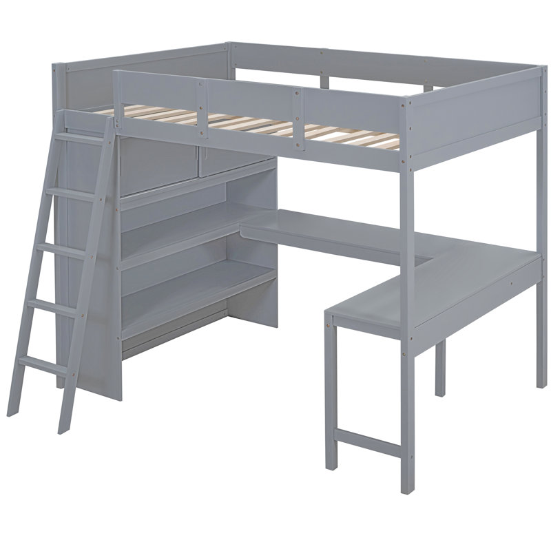 Lit mezzanine double gris avec bureau et tablette, Gris