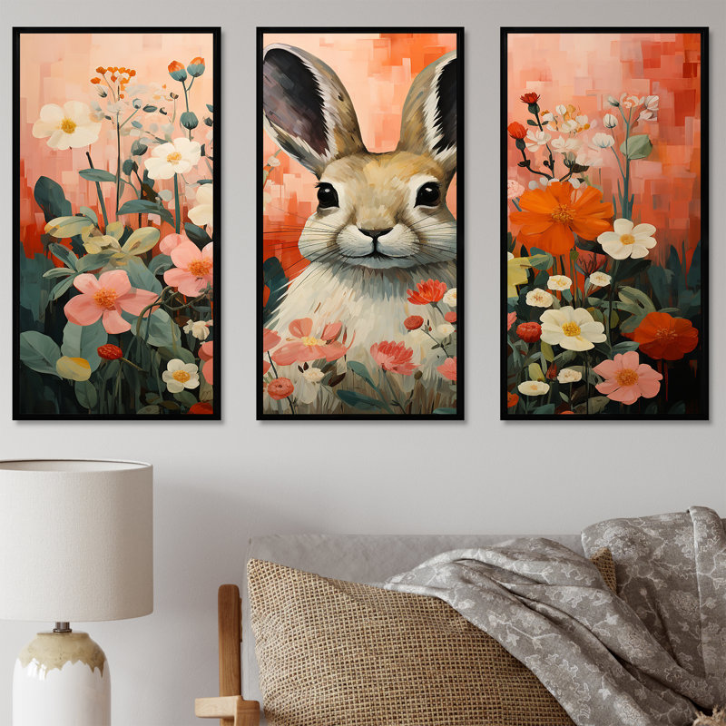 Art de mur de lapin rose, H 28 po x l 36 po, Cadre flottant noir