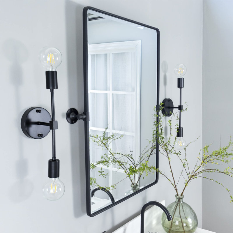 Woodvale Metal Framed Beveled Pivoting Wall Mirror, Matte Black, 35" x 23"