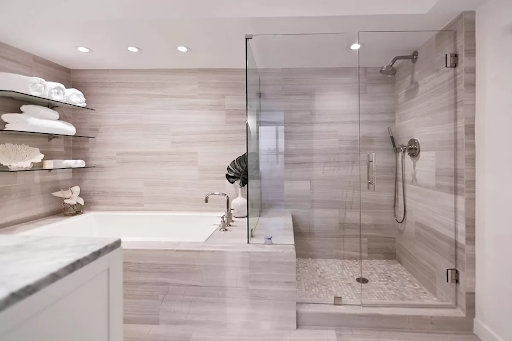 modern bathroom with floor-to-ceiling wood look tiles