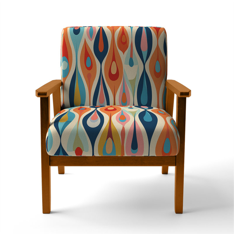 Fauteuil d'appoint Mid-Century rembourré en velours Retro Abstract Drops, Velours bleu / orange, Accoudoirs carrés bruns