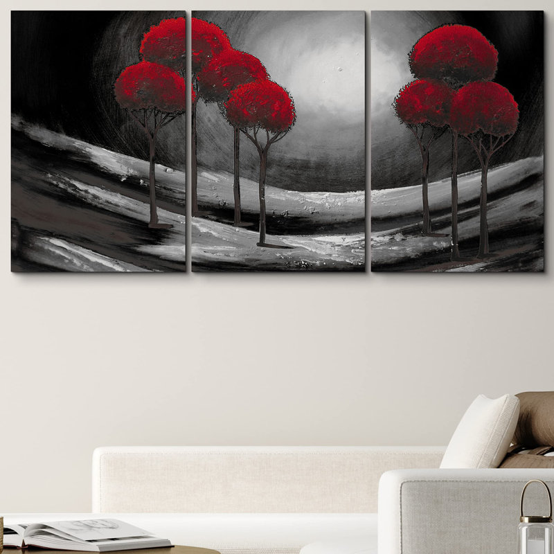 Moody, arbres rouges foncés dans une vallée incurvée, art moderne, aquarelle, nature, rustique, H 24 po x l 48 po
