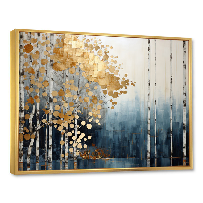 Minimalisme bleu et forêt dorée - art mural forêt, H 24 po x l 32 po x P 1 po, Cadre flottant doré