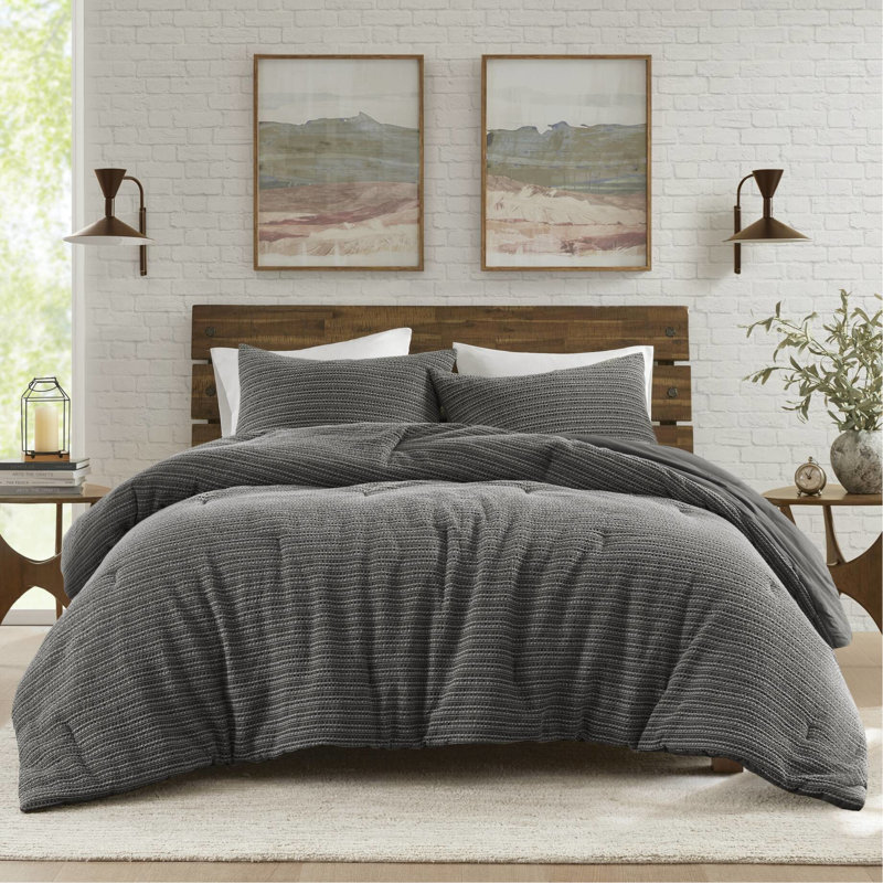 Édredon pour lit double / grand 3 pièces avec lavage gaufré, respirabilité en coton naturel, prélavé décontracté, renforcé pour plus de durabilité, douceur toutes saisons, charbon facile à entretenir, douceur délavée,
