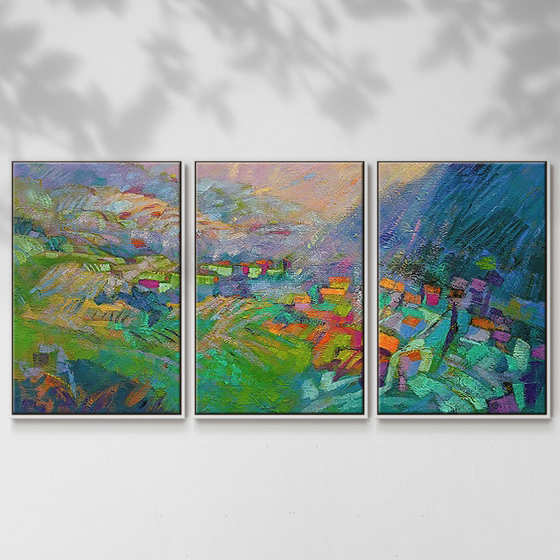 Peinture encadrée sur toile, 3 pièces, H 36 po x l 75 po, Cadre blanc