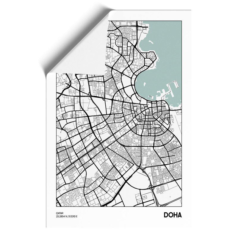 Map Doha Qatar - Unframed Graphic Art, 42cm H x 30cm W x 0.1cm D