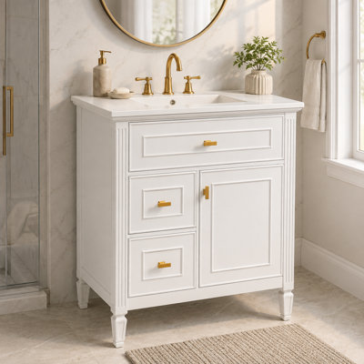 30" Bathroom Vanity with Sink, Freestanding Bathroom Cabinet with Flip-Top Hidden Storage, 2 Drawers & Adjustable Shelf, Solid Wood Frame