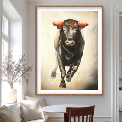 Bull Running - Cow Beige Framed Matted Print for Home Decor