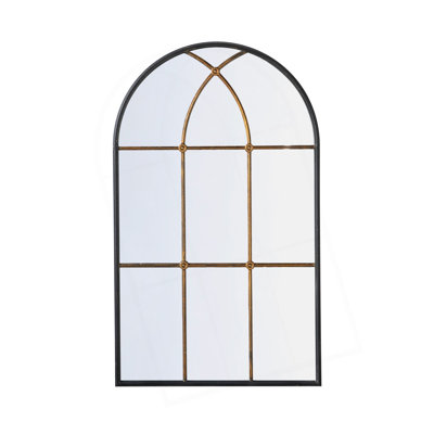 28.3x47" Arched Wall Mirror with Black and Gold Windowpane Design