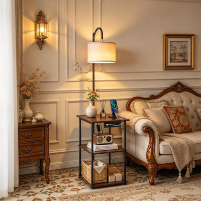 Lampadaire 3 en 1 avec table d'appoint à 3 niveaux, éclairage à 3 températures de couleur, table de chevet latérale avec ports de chargement USB, de type C et secteur pour le salon, la chambre et la chambre d'étudiant