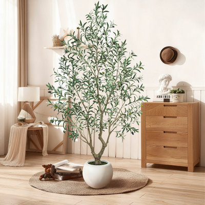 Artificial Olive Tree with White Planter, 5 ft / 6 ft / 7 ft Faux Indoor Tree Modern Minimalist House Mediterranean Decor for Home Office Bedroom Living Room Entryway