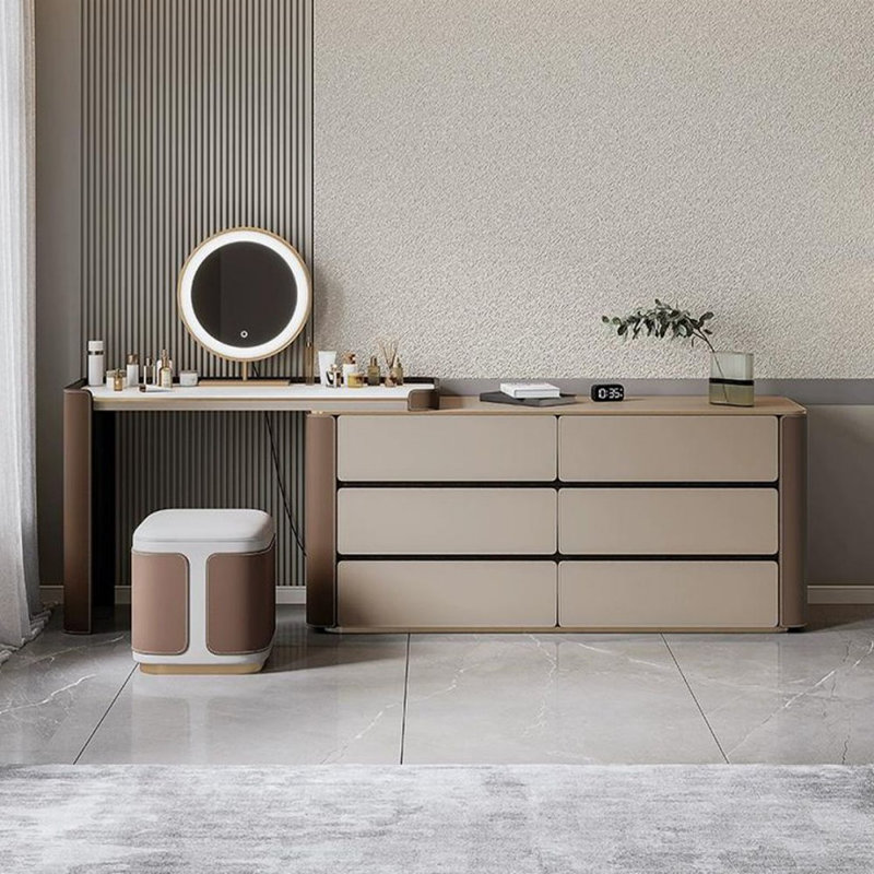 Coiffeuse avec miroir lumineux, 6 tiroirs, prise de courant
