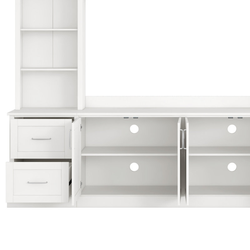 Meuble télé 65 po de style campagne moderne avec arches et tablettes réglables Trous pour câbles tout-en-un, Blanc
