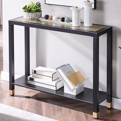 Table basse moderne à deux niveaux en verre étroit, longue de 104 cm, bordure en métal blanc, idéale pour un corridor, un hall d'entrée ou diverses pièces.