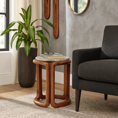 Table d'appoint en bois à plateau en marbre avec surface en pierre ronde et structure solide pour le salon, la maison ou le bureau, style moderne décontracté - ivoire et brun de 18 po