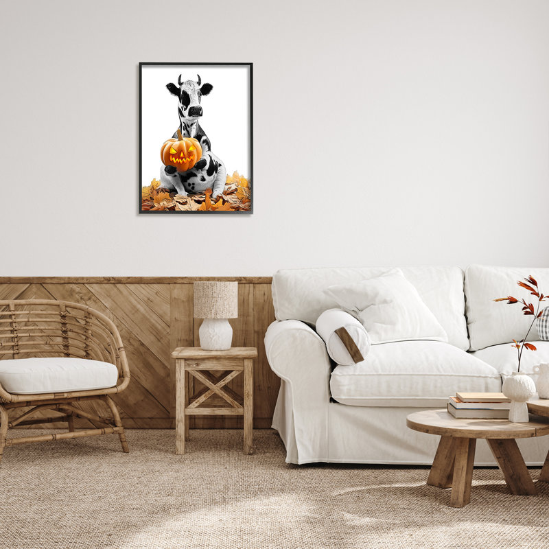 «Cow with Jack-o-Lantern» par Annalisa Latella - reproduction de cadre flottant sur bois, H 30 po x l 24 po x P 1,5 po