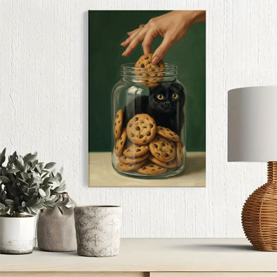 1pc Framed Canvas Wall Art Prints Poster, Black cat hiding in a cookie jar, chocolate chip cookies, surreal still life style Art Posters Canvas Print