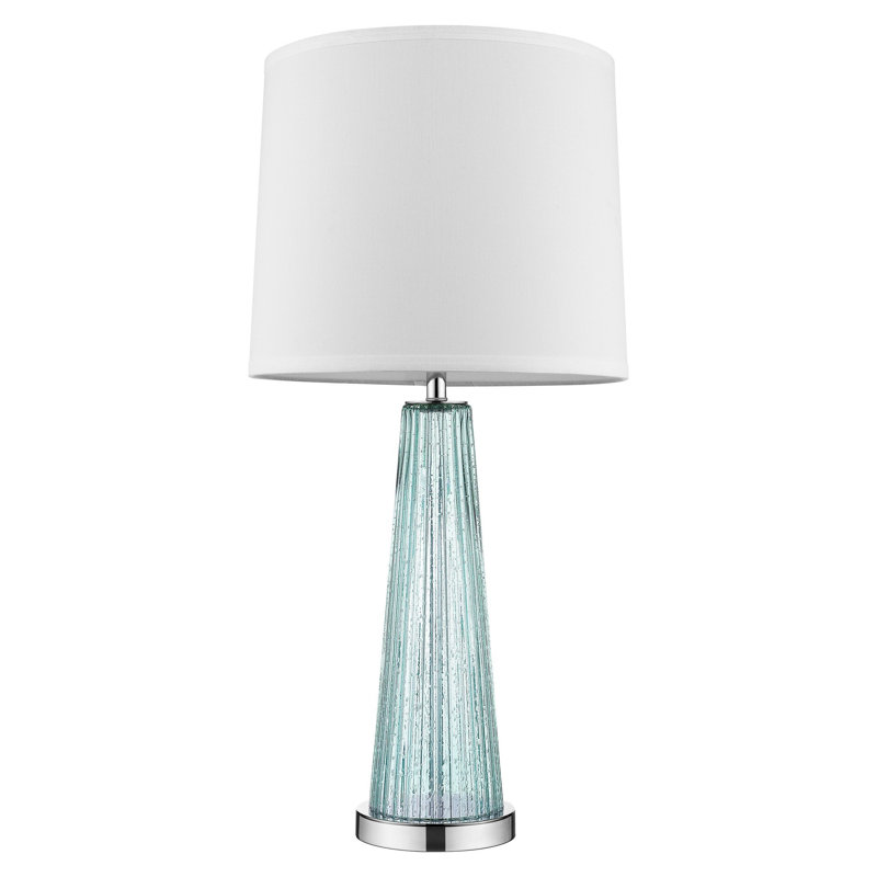 Lampe 29 po en verre turquoise avec abat-jour empire blanc cassé