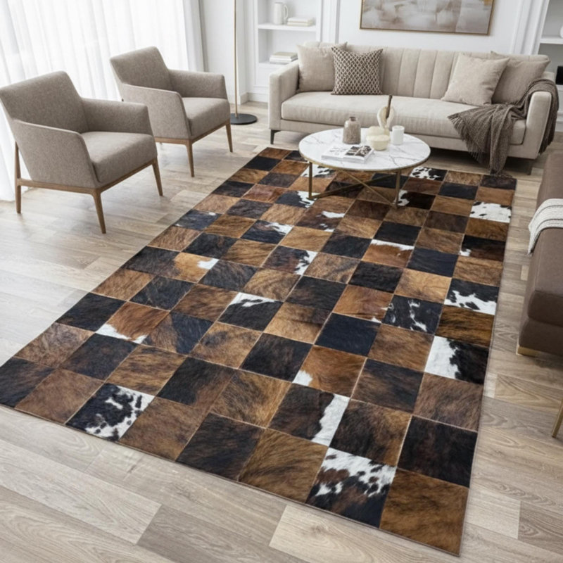 Tapis brun et noir en peau de vache, tapis à carreaux, Rectangle 9 pi 6 po x 13 pi 6 po