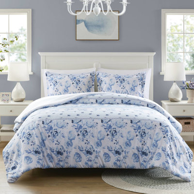 Blue Floral Striped Twin/Twin Xl Duvet Cover , Microfiber, , Machine Washable Bedding With And Design, Washable, Button Closure