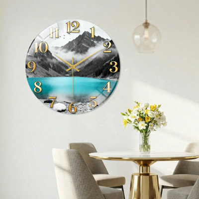 Mountain Lake Modern Decorated Glass Wall Clock Home Decor Art-23.6"
