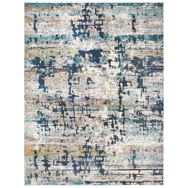 Tapis abstrait crème / bleu Felty, Rectangle de 10 pi x 14 pi
