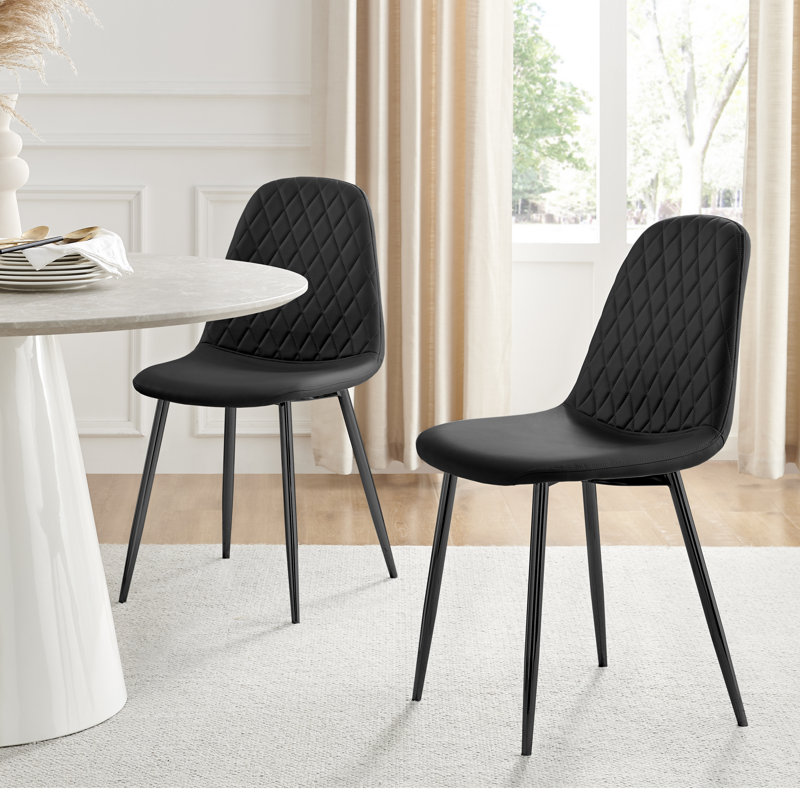 Lenworth Modern Black Metal and Glass Dining Table Set - x6 Luxury Faux Leather Dining Chairs, Black/Black