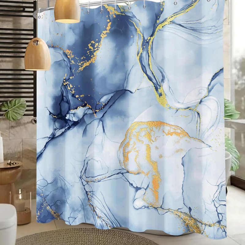 Rideau de douche en marbre bleu avec rayures dorées - Rideau de salle de bain en tissu de polyester imperméable avec œillets et crochets antirouille, impression numérique HD pour une couleur durable