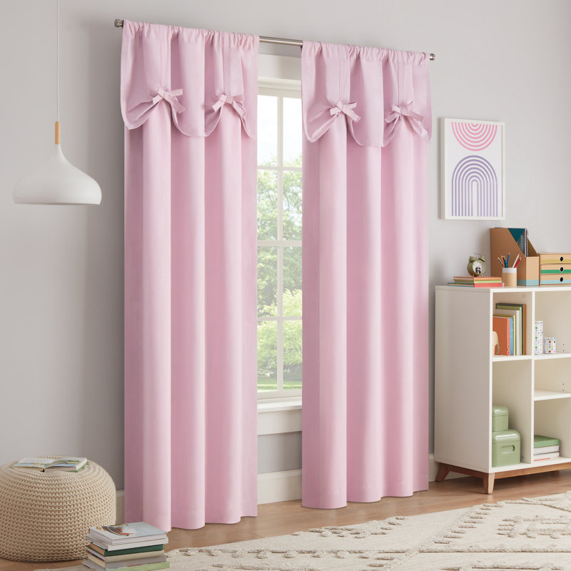 Pink Polyester Kids Blackout Curtain Panel with Bow Tie Valance