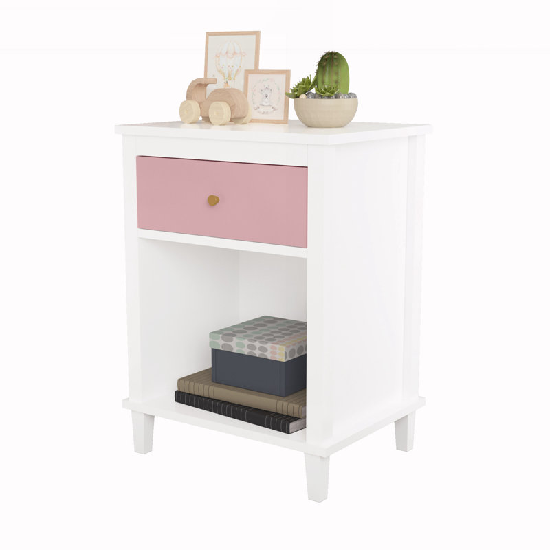Table de chevet en bois avec un tiroir et une tablette, Blanc / Rose