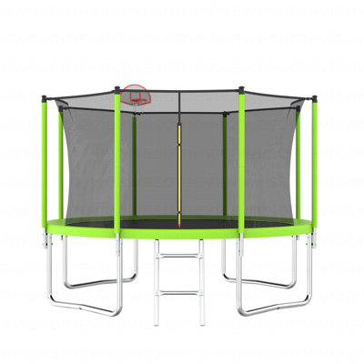 12FT Trampoline Green For Kids & Adults With Basketball Hoop And Ball ,Recreational Trampolines With Safety Enclosure For Back Yard Outdoor