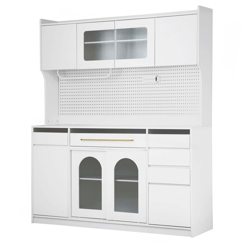 Buffet autoportant de 63 po de largeur avec huche, grande armoire de rangement pour bar à café avec 6 tiroirs, 5 armoires avec tablettes réglables, panneau perforé, porte-serviettes, prise de courant