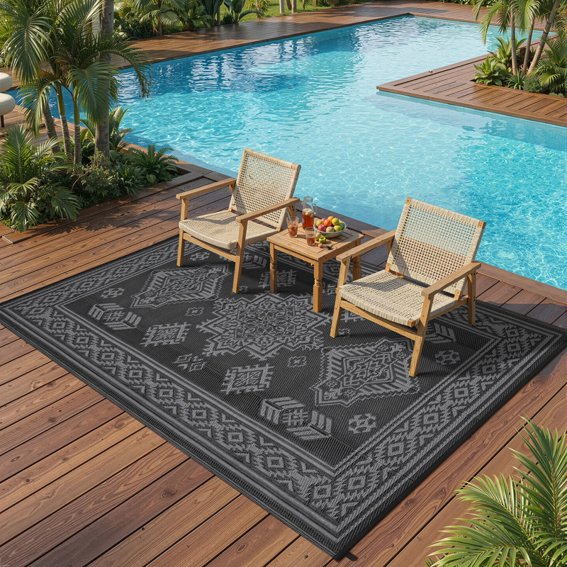 Outdoor Rug Plastic Straw Rugs with Storage Bag, 4 Stakes, for Patio Deck, Black, Runner 9' x 18'
