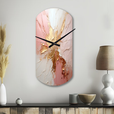 Gold And Pink Paint Fusion - Abstract Painting Asymmetrical Metal Wall Clock, Modern Cylinder Wall Clock Print