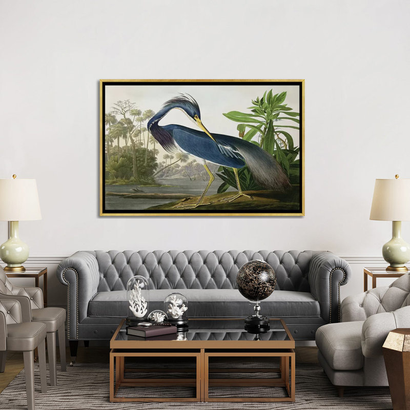 «Wick Louisiana Heron» par John James Audubon, reproduction sur toile, H 18 po x l 26 po, Impression encadrée, Doré