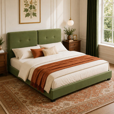 Upholstered Platform Bed with Tufted Headboard and Wood Slat Support