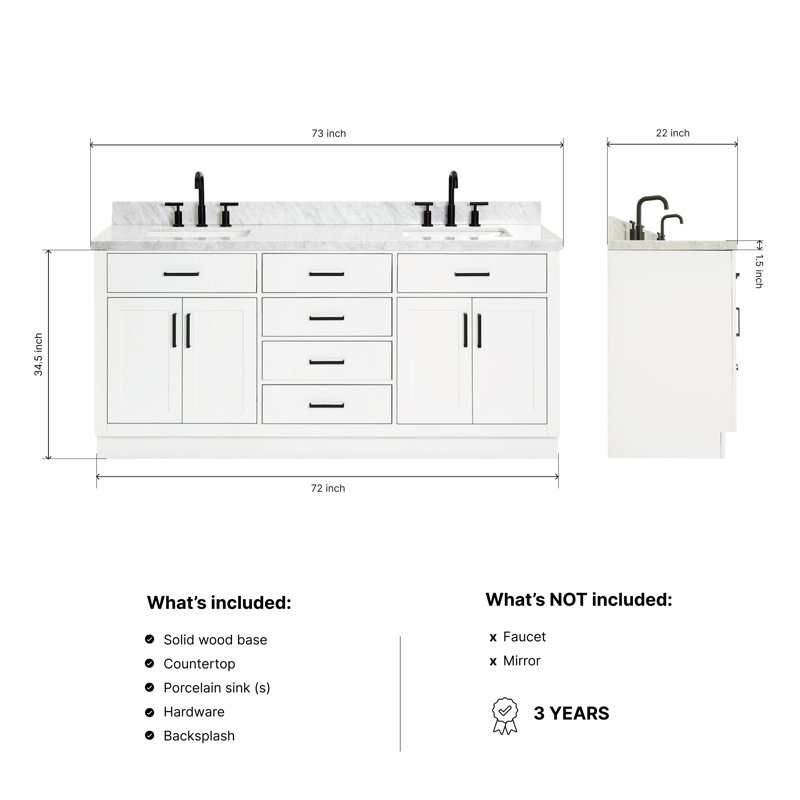 ARIEL HEPBURN 73 IN DOUBLE RECTANGLE SINK VANITY 1,5 IN, White, 73", Rectangular