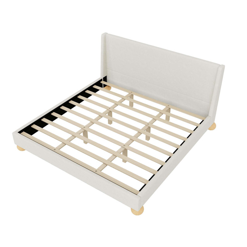 Velvet Bed with Round Wooden Legs, White, King