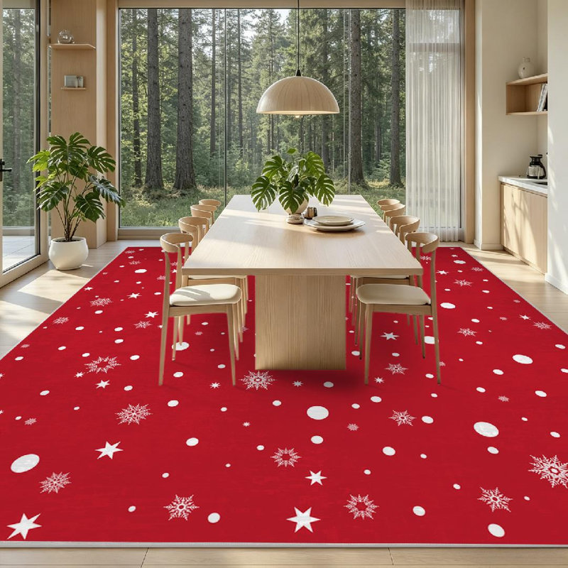 Tapis d'intérieur blanc lavable à la machine, motif flocons de neige rouges de Noël., Rectangle 71 po x 98 po