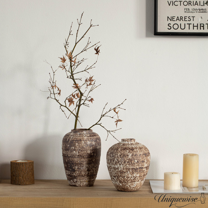 Uniquewise 6'' Textured Vintage Inspired Ceramic Vase Perfect For Displaying Faux Flowers Branches & Pampas Grass For Farmhouse Decor Living Room Bedroom Kitchen Office Dining Table Centerpiece, Brown