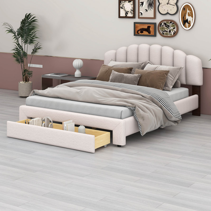 Lit plateforme tapissier Teddy, Beige
