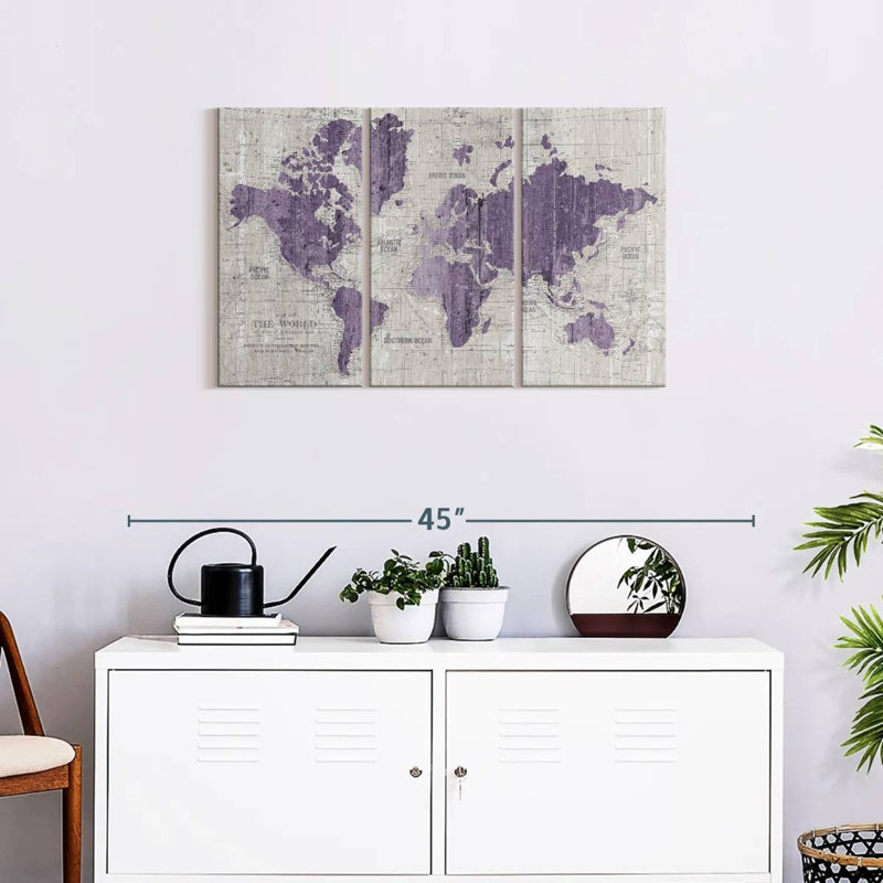 «Old World Map», impression murale sur toile mauve et grise, H 20 po x l 33 po x P 1,25 po